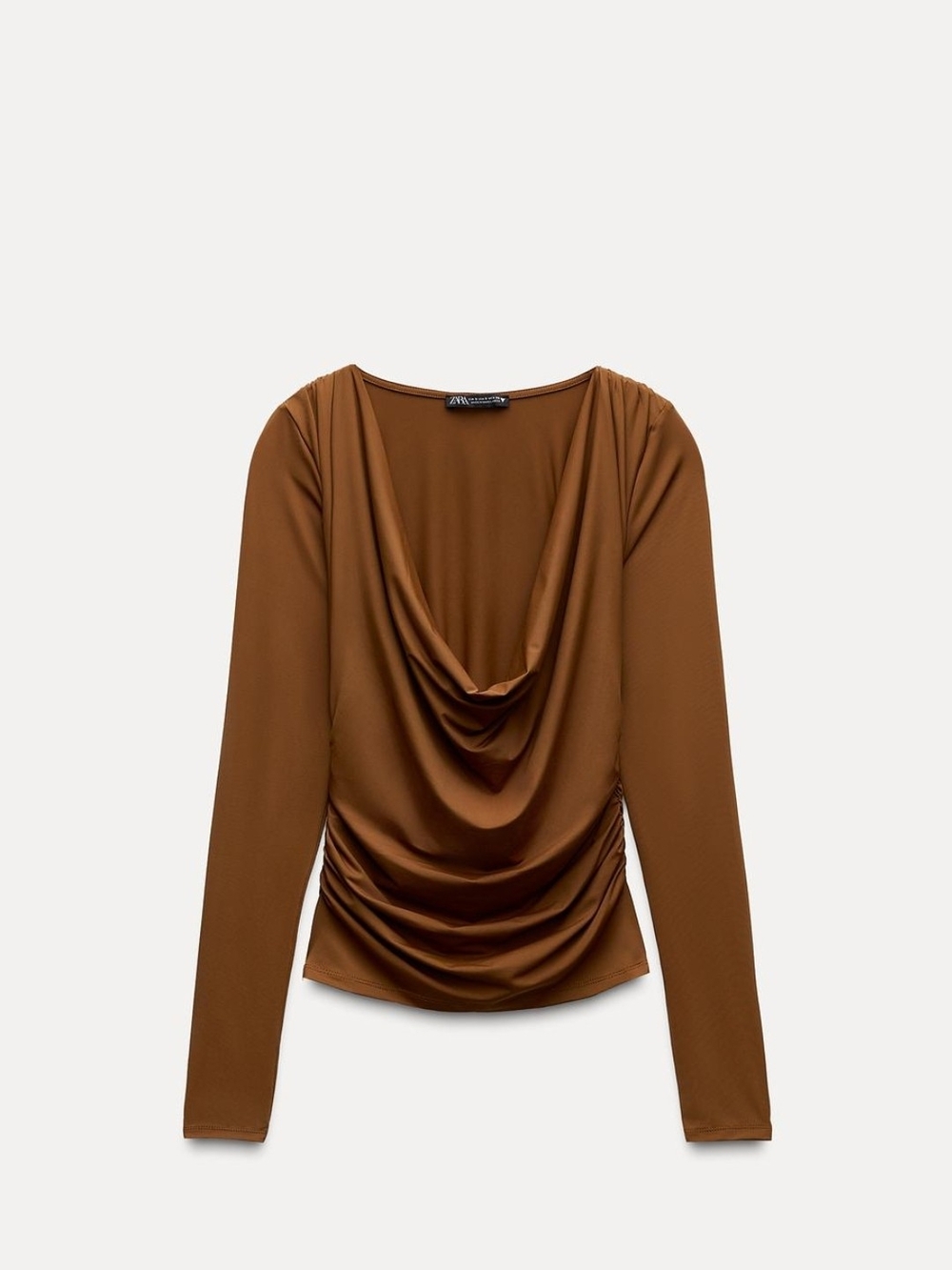 Zara Brown Drape Neck Long Sleeve Top